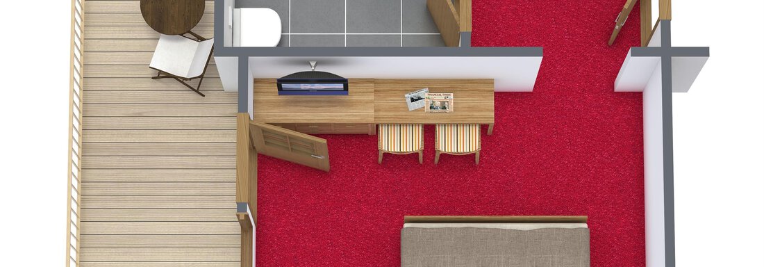 The illustration shows a floor plan of an apartment with one bedroom, a kitchenette, and a small dining area. The floor is tiled in red, and there is a terrace with furniture. - Apart Wiesengrund - Sölden