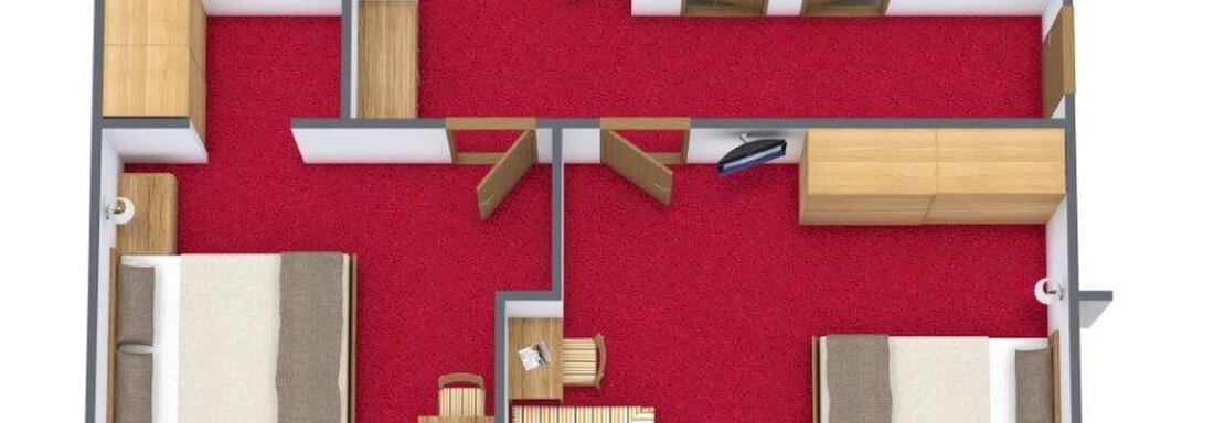 A detailed floor plan drawing of an apartment with two bedrooms. The floor is red, and there is a kitchen, a living room, and a bathroom. - Apart Wiesengrund - Sölden