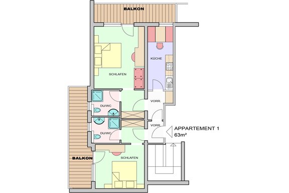 A simple floor plan drawing of an apartment with two bedrooms, a kitchen, and two bathrooms. The apartment has two balconies and a total area of 63 m². - Apart Wiesengrund - Sölden