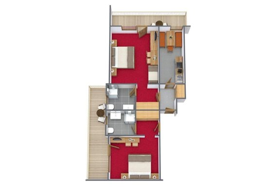 A colored floor plan drawing of an apartment with two bedrooms. The plan shows a living room, a kitchen, and two bathrooms. - Apart Wiesengrund - Sölden