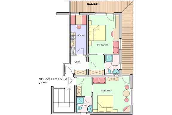 Floor plan of an apartment with two bedrooms, kitchen, and balcony. The area is 71 m². - Apart Wiesengrund - Sölden