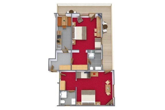A graphical representation of an apartment with two bedrooms, a bathroom, and an open living area. The floor is covered with red carpet and the furniture is arranged in a modern style. - Apart Wiesengrund - Sölden