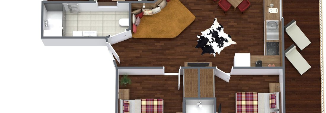 Ein Grundriss einer Wohnung mit mehreren Zimmern. Der Raum zeigt eine offene Wohnküche, zwei Schlafzimmer und einen Essbereich. - Alpen Diamond Top 100 | 300 | 700 - Sölden