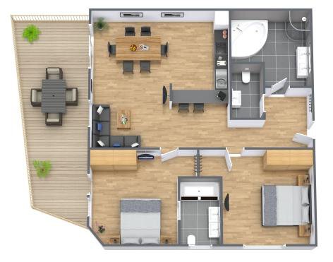 Eine moderne Wohnung mit offenen Wohnbereichen, einschließlich eines Esszimmers und einer Küche. Das Design umfasst eine Terrasse und zwei Schlafzimmer mit stilvollen Möbeln. - Alpen Diamond Top 100 | 300 | 700 - Sölden