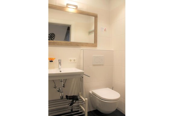 Ein modernes Badezimmer mit einem weißen Waschbecken und einer Toilette. Es gibt einen Spiegel und einen Fön auf einem Regal. - Alpen Diamond Top 100 | 300 | 700 - Sölden