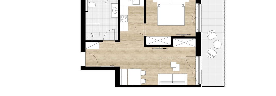 Floorplans_201klein A floor plan drawing of an apartment. It shows various rooms such as the living room, the kitchen, and the bathroom. - Apartment Buggls - Sölden
