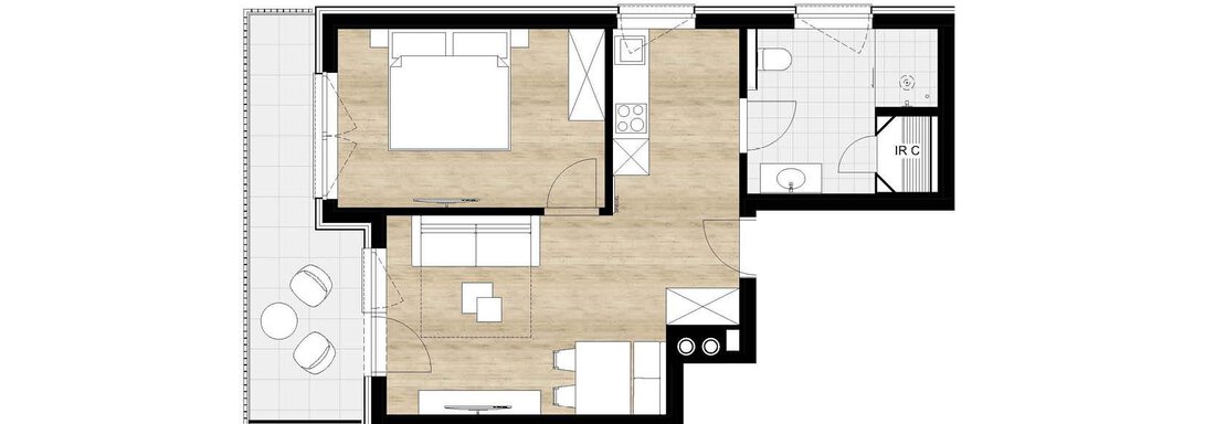 Floorplans_304 klein A floor plan of an apartment with various rooms. The plan shows a living room, a kitchen, and a bathroom. - Apartment Buggls - Sölden