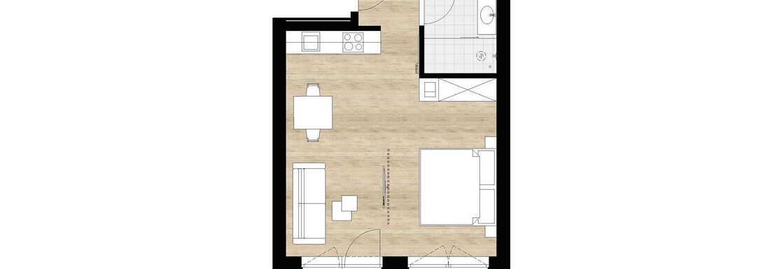 Floorplans_204 klein A floor plan of an apartment. The plan shows the living and dining area, kitchen, bedroom, and bathroom. - Apartment Buggls - Sölden