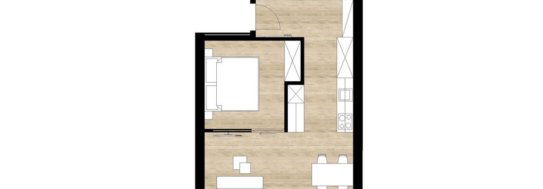 Floorplans_104 klein A floor plan drawing of an apartment. It shows a bedroom, a bathroom, and a living area with a kitchen. - Apartment Buggls - Sölden