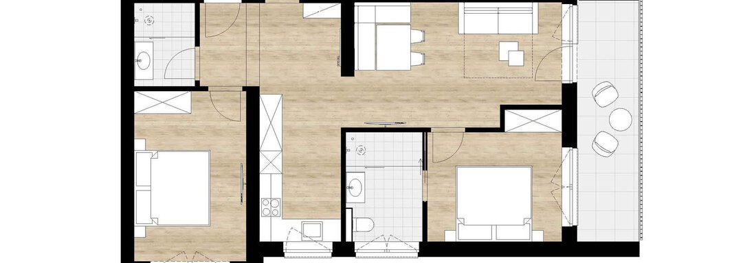 Floorplans_202 klein The image shows a floor plan of an apartment with several rooms. The areas are clearly highlighted, including the living room, bedroom, and bathroom. - Apartment Buggls - Sölden