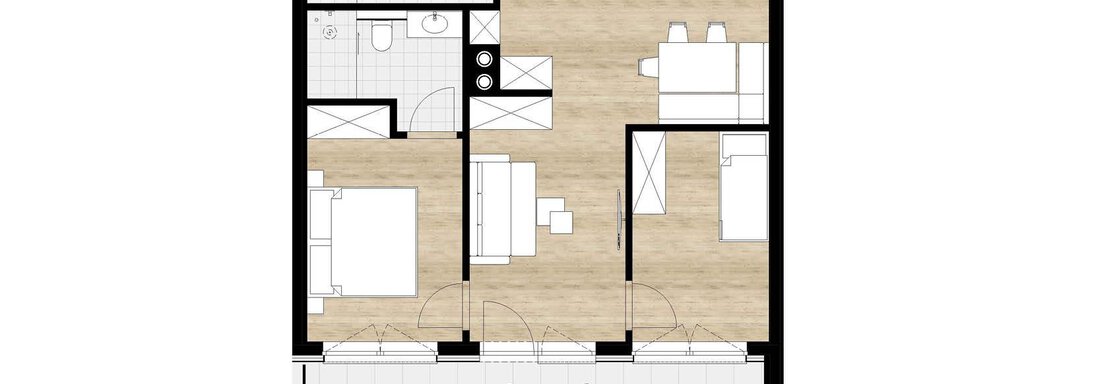 Floorplans_301 klein An apartment floor plan with two bedrooms, a living room, and a kitchen. The rooms are clearly arranged and offer practical use. - Apartment Buggls - Sölden