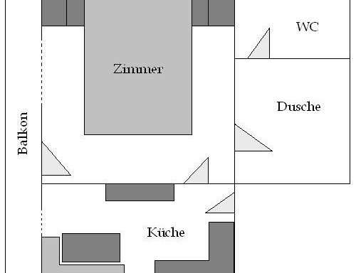A simple floor plan of an apartment. It shows a room, a kitchen, a bathroom, and a balcony. - Appartement Almhof - Sölden