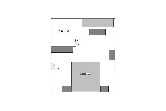 A simple floor plan drawing of a room with a bathroom/WC and a room. The furniture is represented schematically. - Appartement Almhof - Sölden