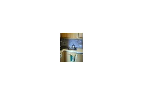 A small kitchen with wooden cabinets and a stainless steel sink. The room is bright and tidy. - Appartement Almhof - Sölden