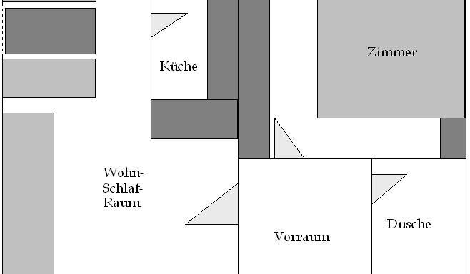 A floor plan of an apartment with various rooms. Included are kitchen, living-sleeping area, room, foyer, shower, toilet, and balcony. - Appartement Almhof - Sölden