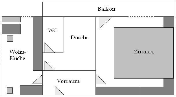This is a floor plan of an apartment. The rooms are labeled and include a living kitchen, a bathroom, an entrance area, a room, and a balcony. - Appartement Almhof - Sölden