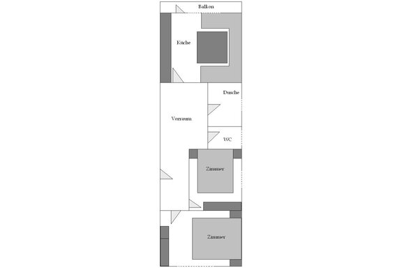 A simple floor plan drawing of a house. The rooms include a kitchen, a bathroom, a toilet, an anteroom, and two rooms. - Appartement Almhof - Sölden