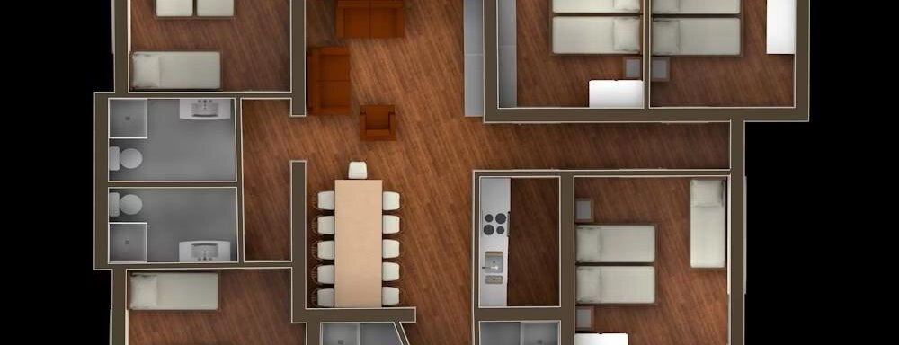 A visual representation of a living space with multiple bedrooms and a central dining area. The layout features a modern kitchen and bathrooms in different areas. - Appartement Alpin - Sölden
