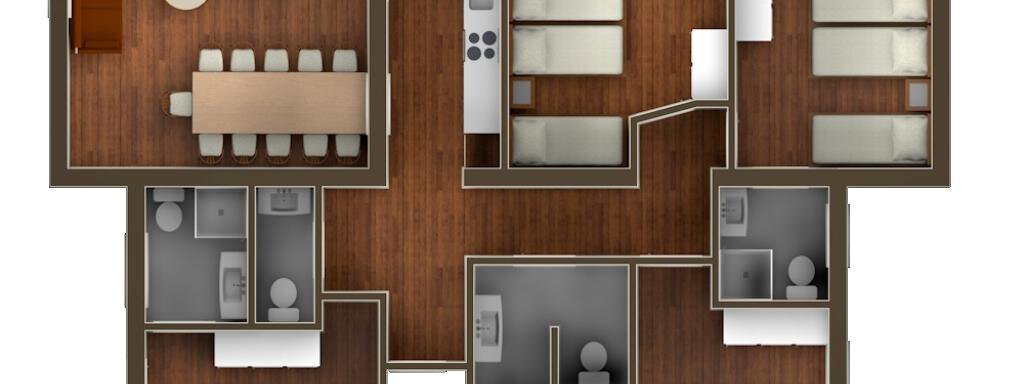 A floor plan drawing of an apartment with several rooms. The rooms include a kitchen, a dining room, and several sleeping areas. - Appartement Alpin - Sölden