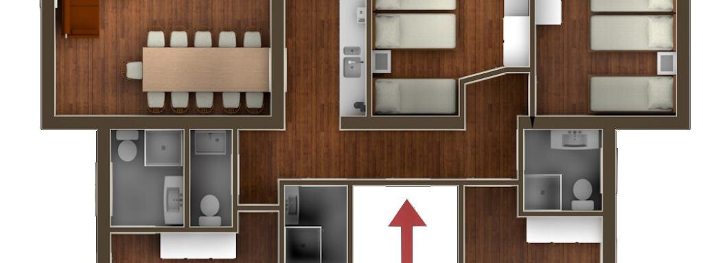A floor plan drawing of an apartment with several rooms. The representation shows the living area, a kitchen, and several bedrooms. - Appartement Alpin - Sölden