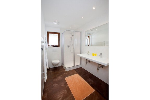 A modern bathroom with a shower and a large mirror. The floor is tiled in brown and an orange rug is placed in front of the shower. - Appartement Alpin - Sölden