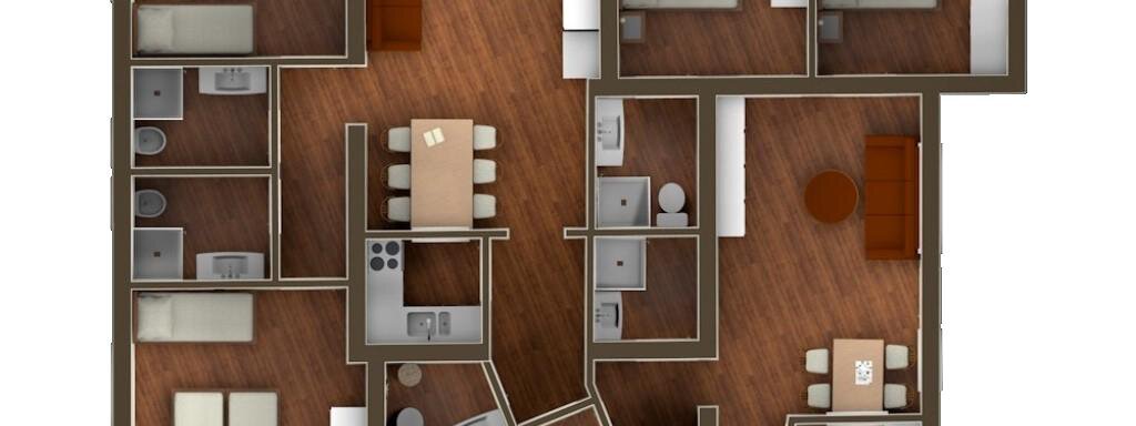 A floor plan drawing of an apartment with several rooms. The rooms include living, sleeping, and kitchen areas with furniture. - Appartement Alpin - Sölden