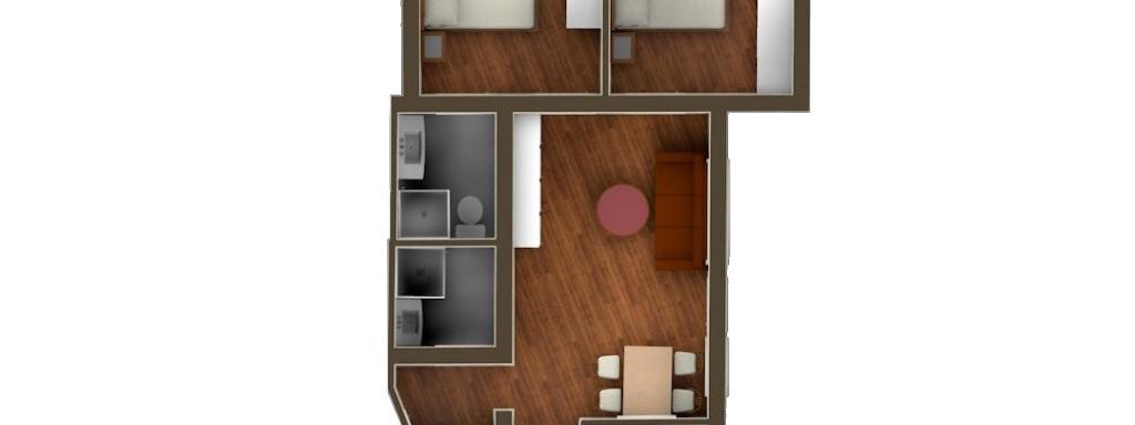 A floor plan drawing of an apartment with two bedrooms and a living area. The kitchen and the bathroom are also included. - Appartement Alpin - Sölden