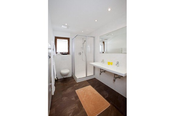 A modern bathroom with a shower and sink. The room is bright and simply furnished, with a brown carpet on the floor. - Appartement Alpin - Sölden