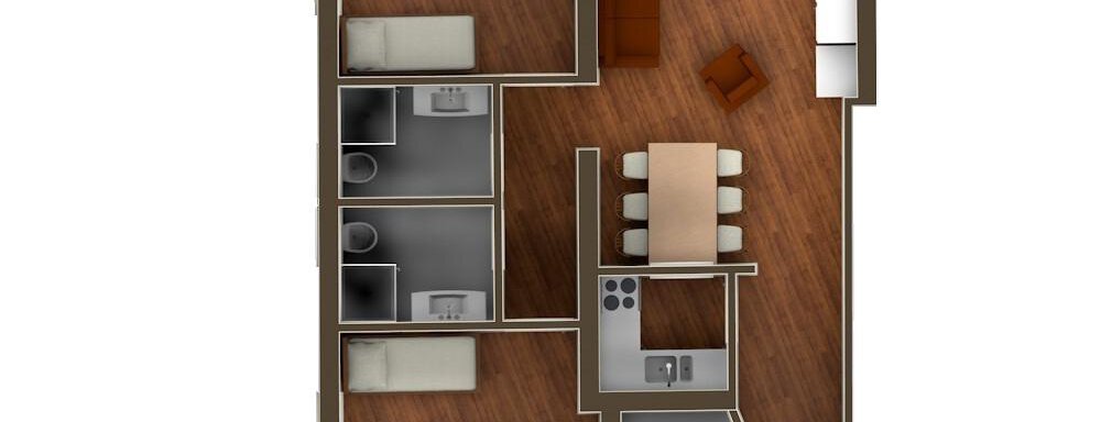 A floor plan representation of an apartment with several bedrooms and an open living area. The kitchen is located in the central area, surrounded by the bedrooms and bathrooms. - Appartement Alpin - Sölden
