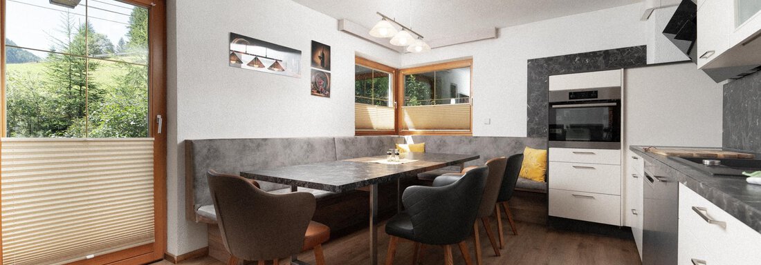 Samantha | © Andreas Ebermann, Appt. Gehörde - Sölden (CC C) A modern kitchen with a large dining table and several chairs. Bright colors and large windows create an inviting atmosphere. - Appartement Gehörde Sölden - Sölden