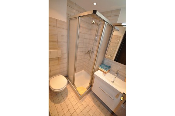 A modern bathroom with a shower cabin and a sink. The walls are tiled, and there is a large mirror. - Appartement Harmonie - Sölden