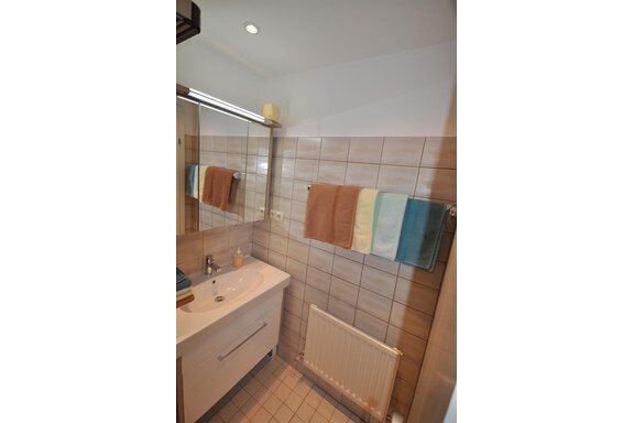 A bright bathroom with a sink and a large mirror. Towels in various colors hang on the wall. - Appartement Harmonie - Sölden