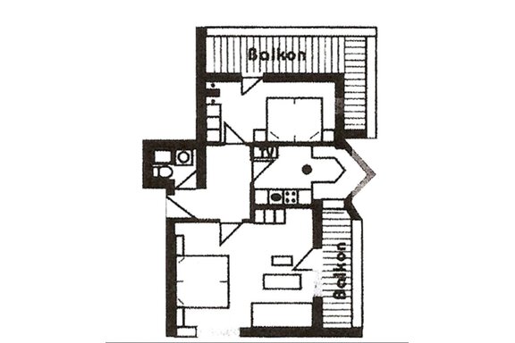 A floor plan of an apartment with two balconies. The rooms include a kitchen, a living room, and two bedrooms. - Appartement Harmonie - Sölden