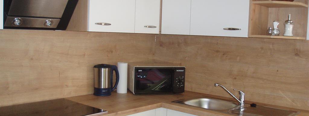 A modern kitchen with white cabinets and wood paneling. It is equipped with a stove, an oven, and a microwave. - Appartement Harmonie - Sölden