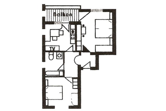 A simple floor plan drawing of an apartment with two bedrooms, a living room, a kitchen, and a balcony. The rooms are clearly arranged and well-structured. - Appartement Harmonie - Sölden
