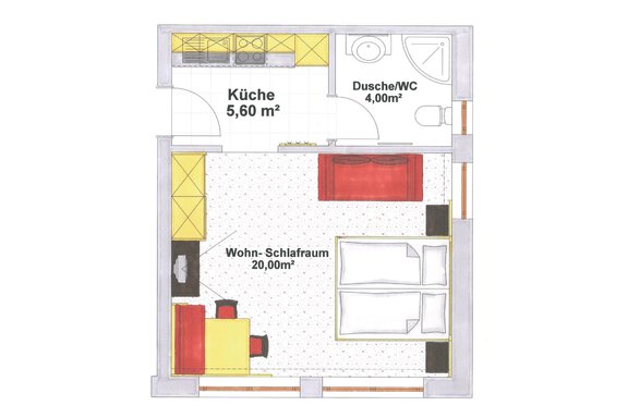 A simple floor plan sketch of an apartment. The room includes a kitchen, a bathroom, and a living and sleeping area. - Appartementhaus A CASA "Kristall" - Sölden