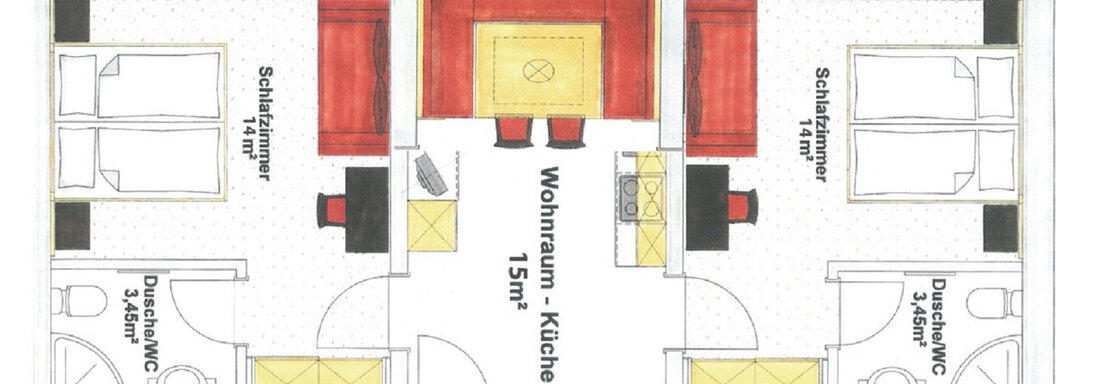 quattro-k A floor plan drawing of an apartment with two bedrooms and a shared living space with a kitchen. The living area is centrally located and well structured. - Appartementhaus A CASA "Kristall" - Sölden