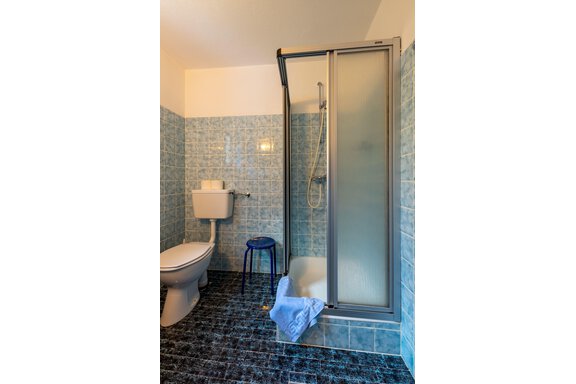 A small bathroom with a shower and a toilet. The walls are fitted with blue tiles. - Appartementhaus Karlinger - Sölden