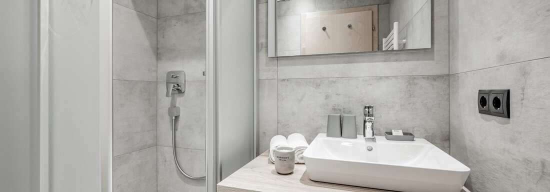 A modern bathroom with a walk-in shower and an elegant sink. The walls are light and the furnishings are minimalist. - Appartementhaus Kathrin - Sölden
