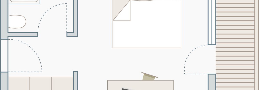 A simple floor plan of a room with a bed, a table, and a bathroom. The terrace is also drawn in. - Appartementhaus Kathrin - Sölden