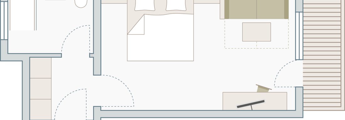 A simple floor plan drawing of a living space with a bedroom, a living room, and a bathroom. The furniture is depicted schematically. - Appartementhaus Kathrin - Sölden