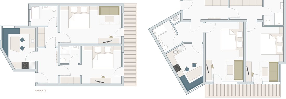 The image shows two floor plan layouts for living spaces. The designs feature multiple rooms and different arrangements of furniture. - Appartementhaus Kathrin - Sölden