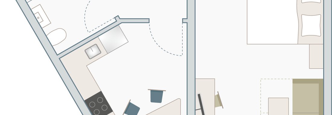 A modern floor plan representation of an apartment. The areas are well distributed, including kitchen, bathroom, and living as well as bedrooms. - Appartementhaus Kathrin - Sölden