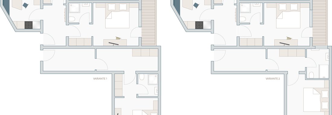 Two floor plans of apartments with several rooms. Both layouts feature a bright, open design with various room arrangements. - Appartementhaus Kathrin - Sölden