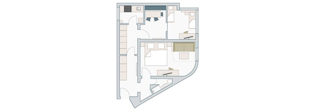A floor plan sketch of a living space with multiple areas. The rooms are clearly structured and display a modern arrangement. - Appartementhaus Kathrin - Sölden