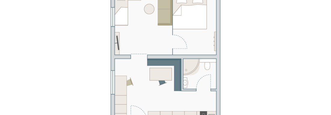 A floor plan of an apartment with two bedrooms, a living room, and a kitchen. The layout is clear and designed in a modern style. - Appartementhaus Kathrin - Sölden