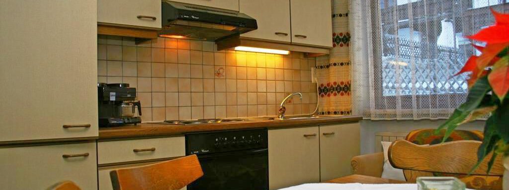 A modern kitchen with bright cabinets and a cozy dining area. The windows are decorated with a curtain and a plant is on the table. - Appt. Schnöller - Sölden