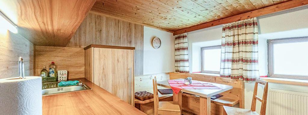 vollausgestattete Wohnküche A cozy kitchen with wooden paneling and a dining area. The windows let in plenty of daylight and the decor is simple and functional. - Arnold - Sölden