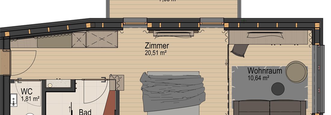 Eine Grundrisszeichnung einer Wohnung mit klaren Raumaufteilungen. Der Plan zeigt ein Zimmer, ein Wohnzimmer, ein Bad, ein WC und einen Balkon. - Bäckelar Wirt - Sölden
