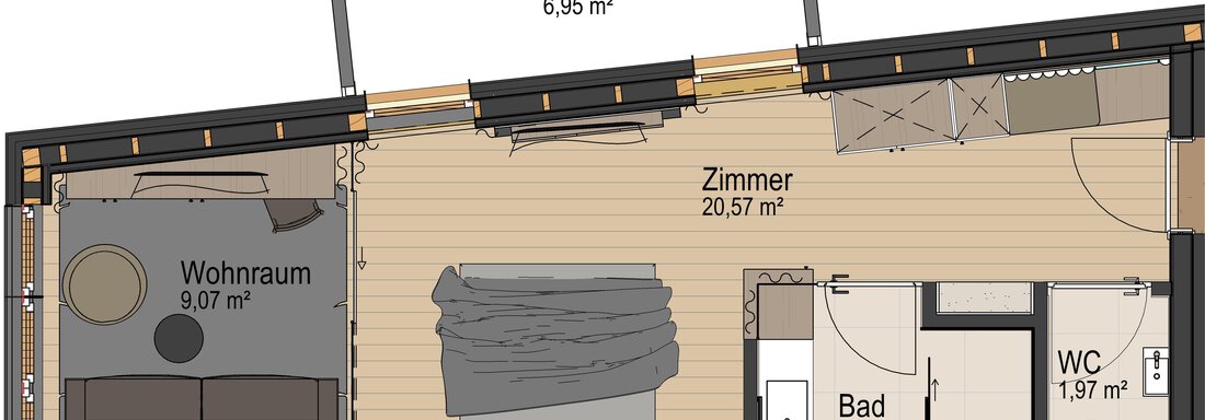 Eine Grundrisszeichnung einer Wohnung mit einem Wohnraum, einem Zimmer, einem Bad und einem WC. Der Balkon ist ebenfalls im Plan eingezeichnet. - Bäckelar Wirt - Sölden